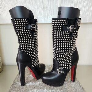 AUTH Christian Louboutin Marisa Black Leather Silver Studded Platform Boots 38.5